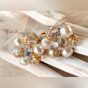Vintage 60s Faux Pearl AB Beaded Clip On Earrings
